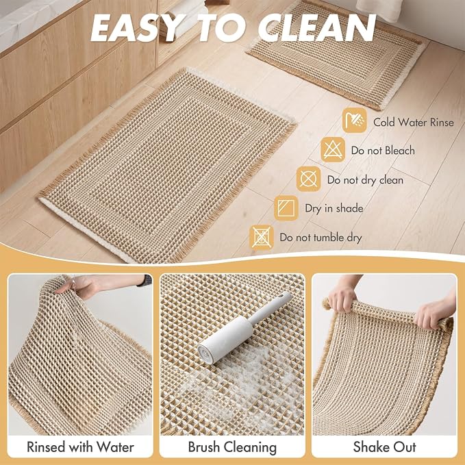 MIULEE Set of 2 Waffle Bathroom Rugs, Boho Bath Rug Super Absorbent, Non Slip Washable Ultra Soft Rubber Backed Shower Bath Mats for Floor, Tub, Shower, Looped Design, Brown & White, 24x36 Inch