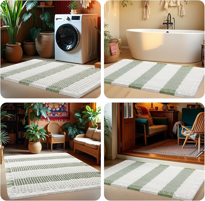 Upgrade Waffle Bath Mat, Boho Bathroom Rugs Absorbent Non Slip, Ultra Soft Bathroom Mat, Machine Washable Knit Bath Rugs with Stripe for Bathroom, Bedroom, Kitchen, Tub, 32"x20", Light Green & White