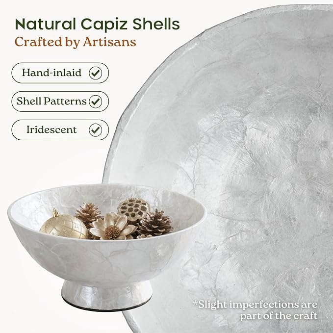 Chi An Home 11” White Capiz Shell Decorative Bowl, Large Footed Centerpiece Bowl for Kitchen Island Decor, Modern Farmhouse Fruit Bowl for Entryway & Home Décor Accents