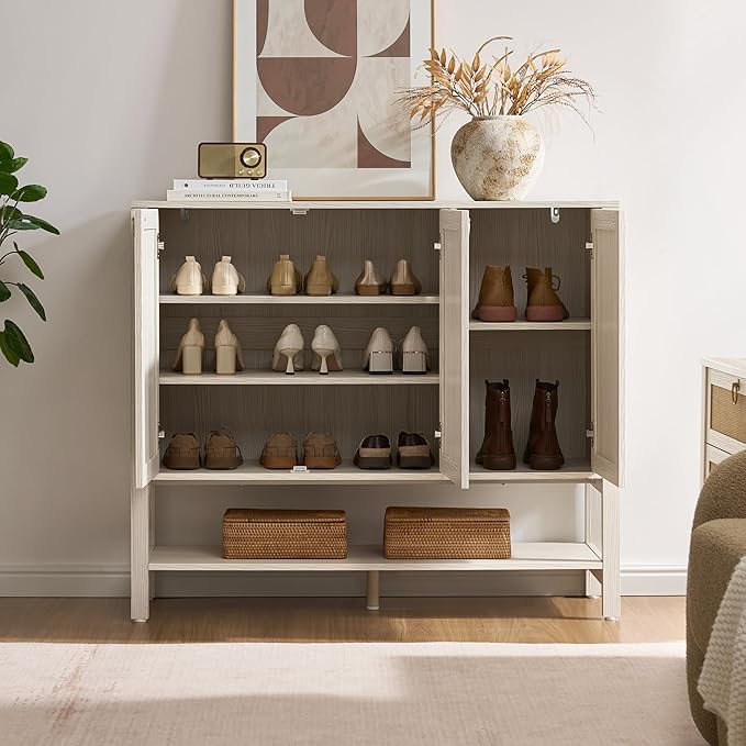 SICOTAS Rattan Shoe Cabinet with Storage - 2 Pieces Large Boho Shoe Organizer with 3 Doors & Adjustable Shelves, Tall Farmhouse Shoe Rack Cabinet for Entryway, Hallway, Living Room (White)