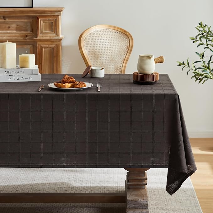 ZeeMart Linen Checked Table Cloth 60x84 Inches (Fit 5ft, Narrow Fit 6ft Rectangle Table), Farmhouse Style Plaid Embroidered Water Resistant Table Cover, Charcoal