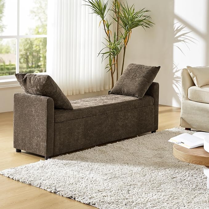 HULALA HOME 59" Storage Bench with 2 Throw Pillows, Modern Long Bedroom Bench for End of Bed, Comfy Upholstered Footstool for Entryway Living Room, Taupe