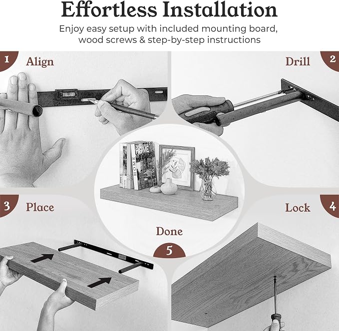Floating Shelves for Wall, 9.3" Deep Wall Mounted Wood Shelves for Bathroom, Bedroom, Living Room, Kitchen, Hanging Shelf for Books/Storage/Room Decor (Brown, 24")