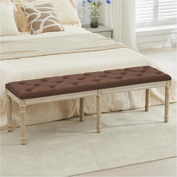 LOULENS 57.7" Linen Fabric End of Bed Bench, French Upholstered Button Tufted Bench for Bedroom End of Bed King Size, Window Seat with Carved Wood Legs for Bedroom, Living Room, Entryway, Brown