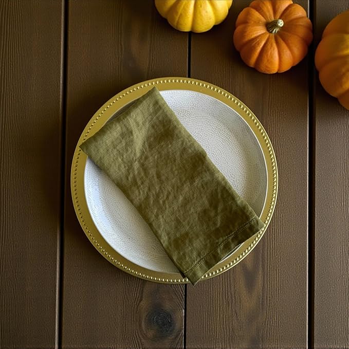 Hemstitched Linen Napkins – 20 Inch x 20 Inch – Stonewashed Pure Linen Cloth Dinner Napkins with Mitered Corners - 100% French Flax – Machine Washable - Set of 4 (Olive Green)