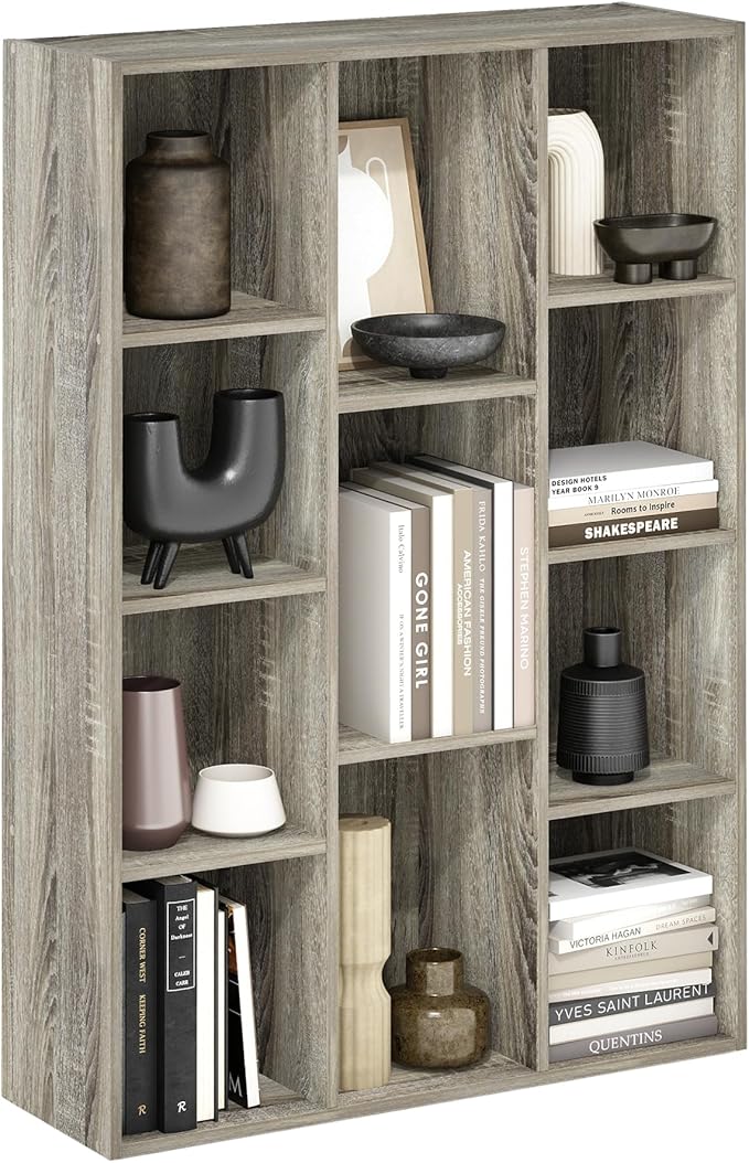Furinno LUDER Book Shelf, 11-Cube Bookshelf, Reversible Bookcase, 9.4 x 29.1 x 41.7, Easy Assembly, for Living Room, Bedroom, Home Office, French Oak | Furinno, Luder, 11-Cube, Reversible, Open Shelf, Bookcase
