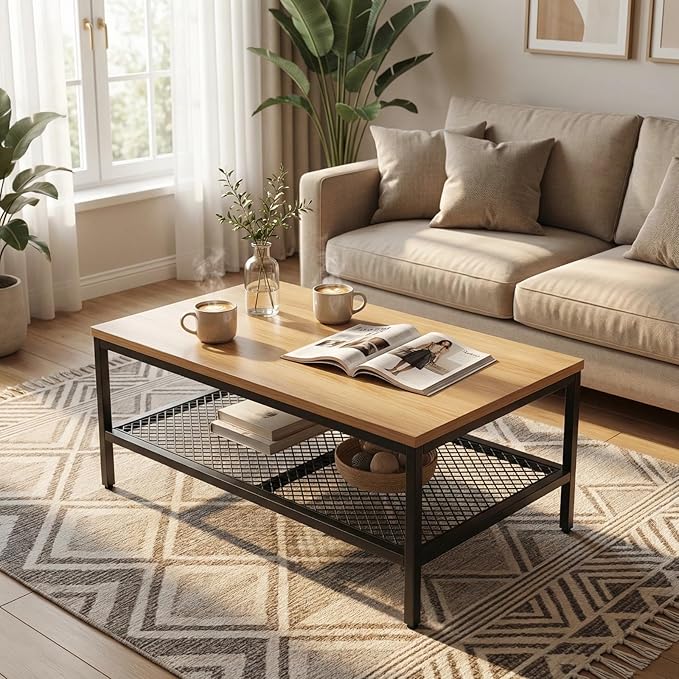 Wood Coffee Table,Rustic Rectangle Coffee Table with 2-Tier Storage for Living Room,Modern Industrial Center Table Small, Simple Rectangular Coffee Table in Office Bedroom,35.5in Beige