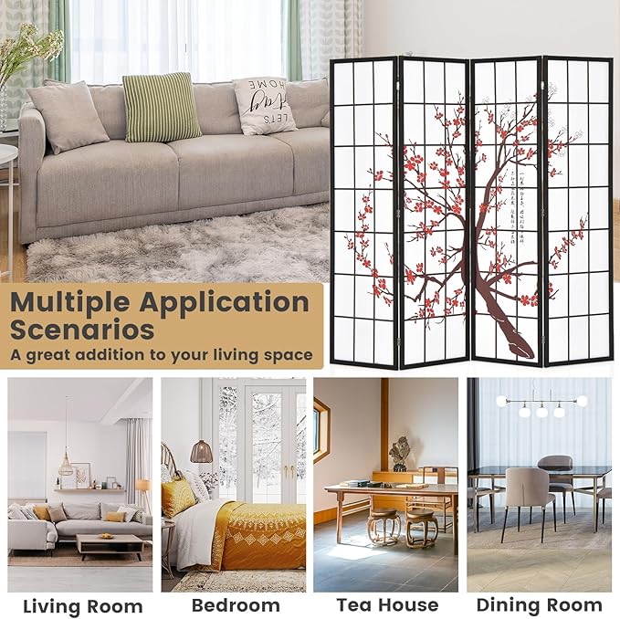 GOFLAME Japanese Style 4 Panel Room Divider, 6ft Folding Shoji Screen Room Partition with Plum Blossom Design, Solid Wood Frame, Freestanding Wall Divider, Indoor Room Separator for Home Office