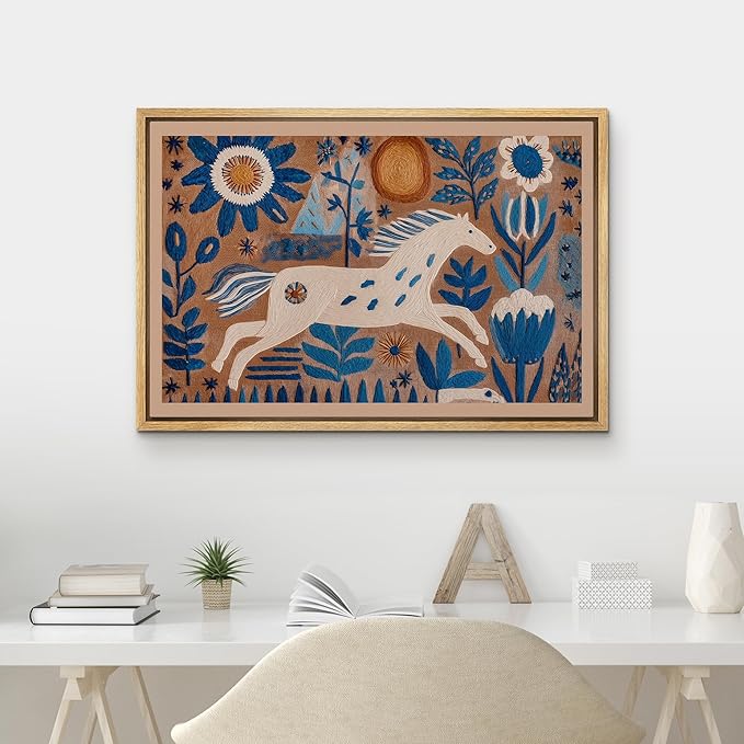 MUDECOR Framed Canvas Print Wall Art Folk Art White Horse with Blue Floral Botanical Illustrations Minimalism Decorative Bohemian Colorful Zen for Living Room, Bedroom, Office - 16"x24" NATURAL