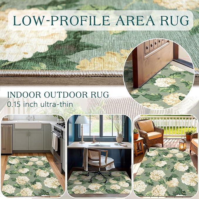 3x5 Floral Entry Rug - Small Washable Indoor Outdoor Mats for Front Door Non-Slip Porch Rug Sage Green Spring Flower Throw Rugs for Living Room Bedroom Entryway Kitchen Office Porch Decor