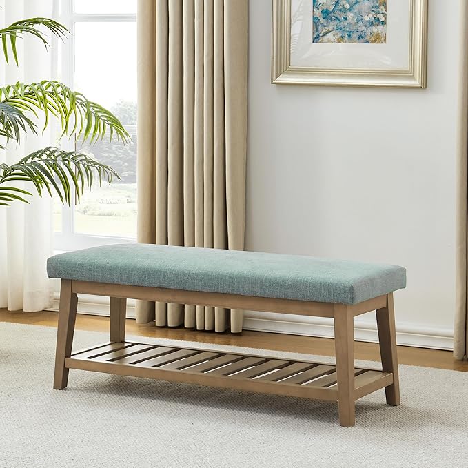 Zihanhome Entryway Shoe Bench with Cushion, End of Bed Bench,Upholstered Bench for Kitchen, Bench with Solid Wood Shelf, Fabric Ottoman Bench for Hallway, Living Room (Teal)