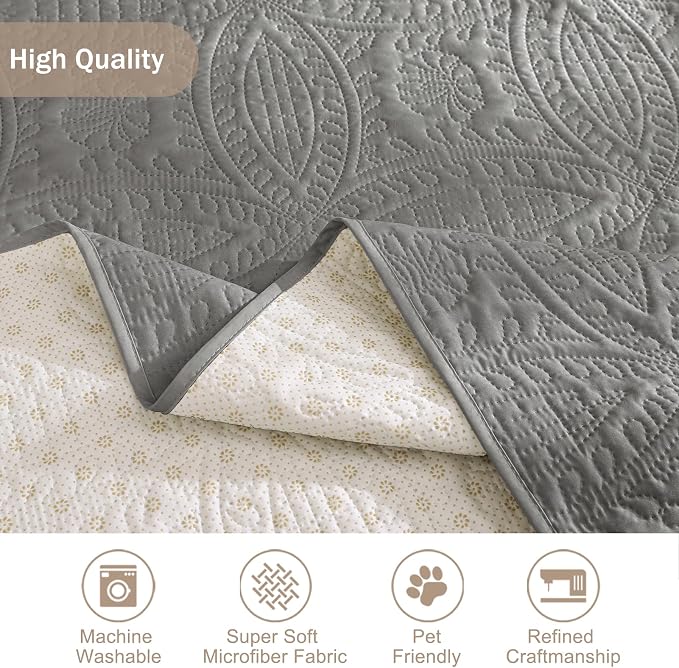 Soft Quilted Couch Cover with Pockets for Extra-Large Sofa, Anti-Slip Sofa Covers Washable for 3 Cushion Pet Friendly, Oversized Sofa Cover Water-Repellent (X-Large Sofa 78", Cool Gray)