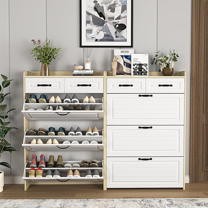 Large Shoe Cabinet for Entryway, Slim Hidden Shoe Storage Cabinet with 3 Flip Drawers and 2 Top Drawers,Shoe Rack Organizer Cabinet for Hallway, Brown and White