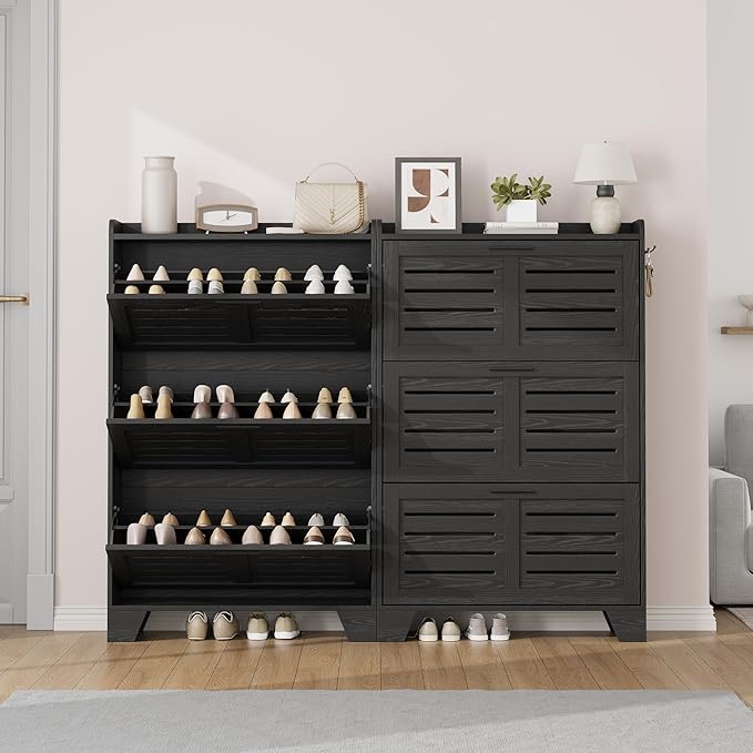 IDEALHOSUE Shoe Cabinet Storage for Entryway, Slim Shoe Storage Cabinet with 3 Flip Drawers, Freestanding Hidden Narrow Shoe Organizer Cabinet with Hooks for Entrance, Foyer, Hallay, Black