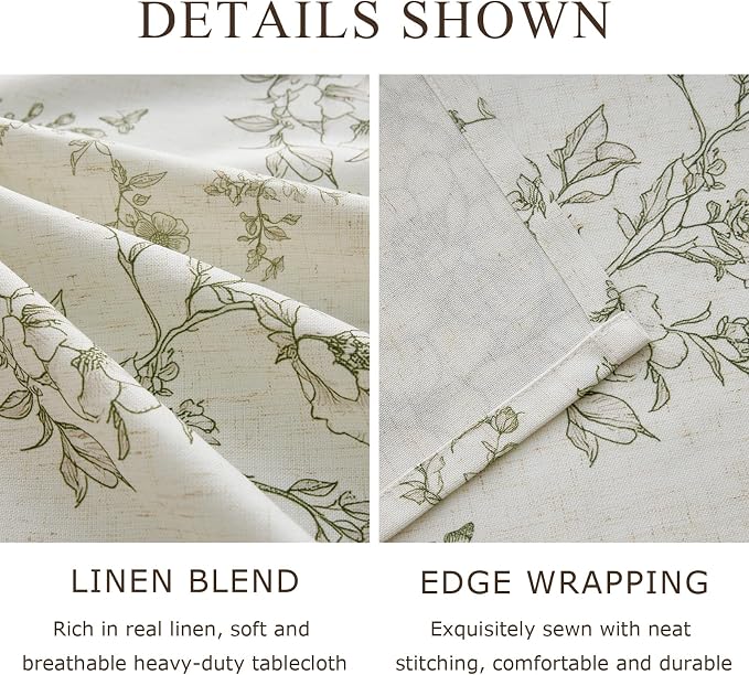 Linen Floral Rectangle Tablecloth Farmhouse Vintage French Rustic Tablecloths Green Flowers Pattern Burlap Textured Outdoor Table Cover for Picnic,Dining,Party,Home Decor 55x120 Inch