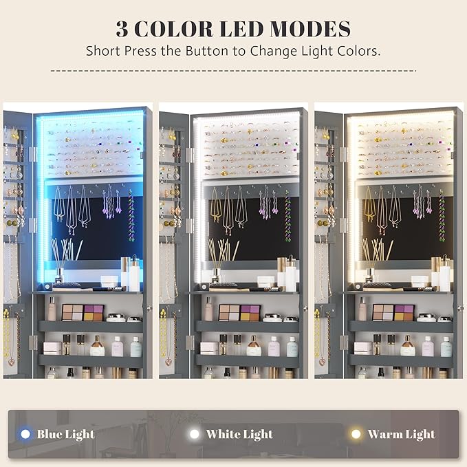 Vlsrka 47.2" LED Grey Jewelry Mirror Cabinet, Wall/Door Mounted Jewelry Armoire Organizer with Full-Length Mirror, Large Capacity Storage Hanging Cabinet, 4 Drawers, 5 Shelves