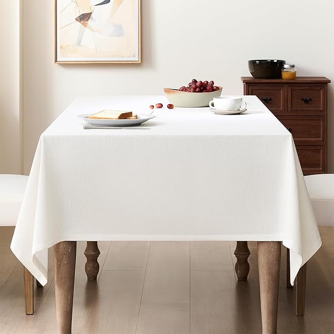 Natural Linen Tablecloth Rectangle 55 x 63 Inch Cream Colored Table Cloth Wrinkle Resistant Heavy Duty Neutral Modern Farmhouse Thick Faux Burlap Textured Table Covers for Dining Holiday Party