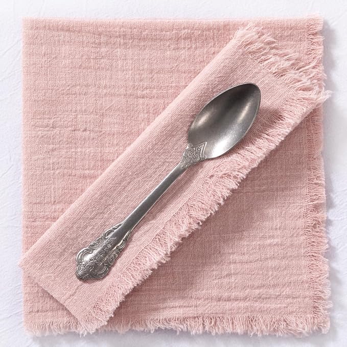 MLMC 10 Pack Dusty Pink Cloth Napkins with Fringe Boho Linen Napkins Washable Reusable Rustic Dinner Table Decor 17"×17" for Wedding Party Bridal Baby Shower Home Decor