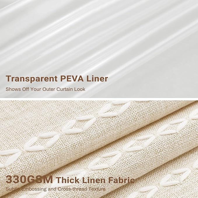 BTTN 3 in 1 Shower Curtain with Liner, 84 Extra Long Boho Linen Striped Cloth Shower Curtain Set with Hook, Tall Farmhouse Bohemian Waterproof Fabric Shower Curtain for Bathroom, Cream/Beige, 72x84