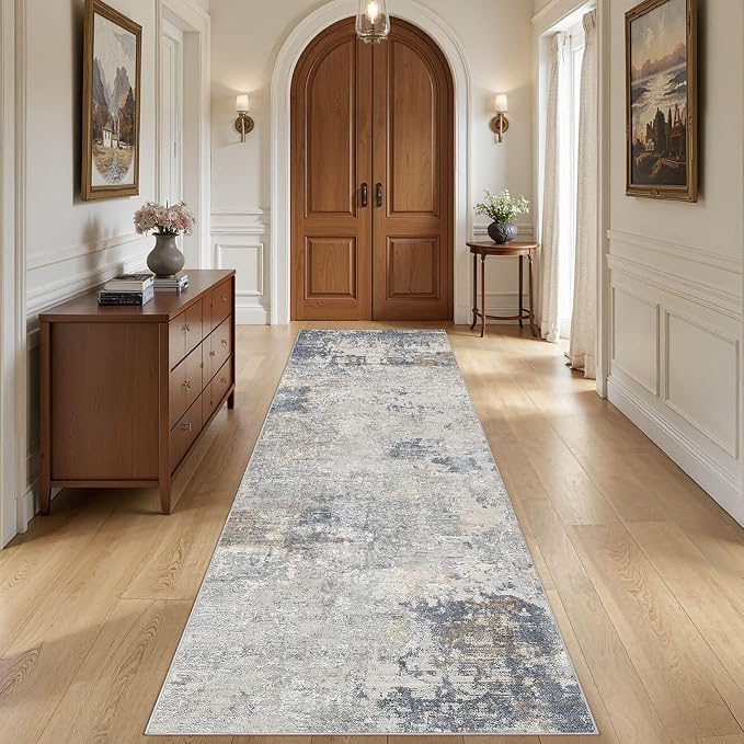 UERMEI 3x10 Washable Runner Rug for Hallway, Non Slip Low Pile Kitchen Carpet, Neutral Modern Abstract Indoor Floor Mat for Entryway Laundry, Kid & Pet Safe High Traffic Area, Blue Grey