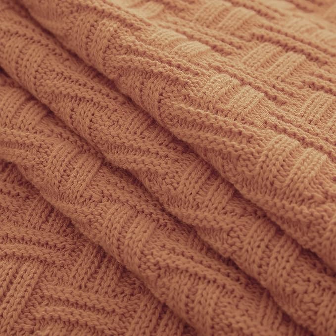 RUDONG M Rust Orange Cotton Cable Knit Throw Blanket, Cozy Warm Knitted Couch Cover Blankets, 60 x 80 Inch