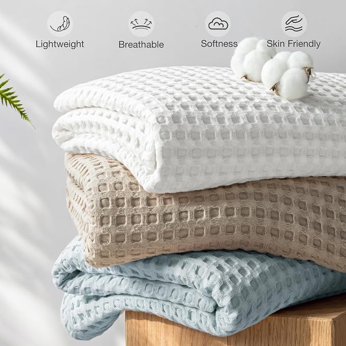 Exclusivo Mezcla Pre-Washed 100% Cotton Waffle Blanket Full Size for Bed, 330GSM Lightweight Breathable Summer Blankets, Soft and Cozy, Home Decor, Ice Blue, 80x90 Inches