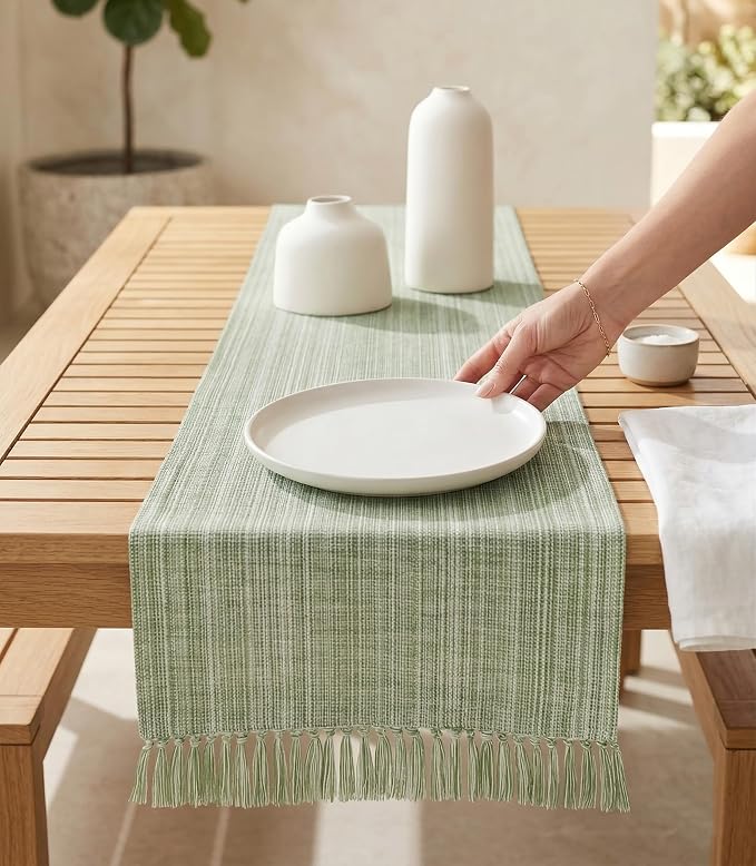 PurpleEssences Chambray Table Runner with Fringes - 100% Cotton, 13x72 Inch - Rustic Farmhouse Table Décor, Reusable, Machine Washable for Dining Tables - Spring Easter Summer - Sage Green & H.White