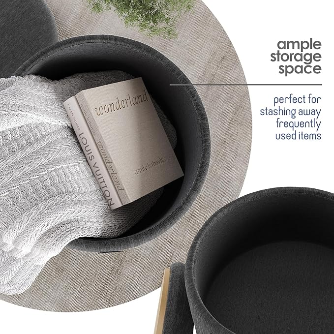 Round Ottoman with Storage, Textured Velvet Storage Ottoman, Foot Stool Ottomans, Makeup Vanity Stool, Small Ottomans Foot Rest, Modern Vanity Stools for Living Room and Bedroom, Grey