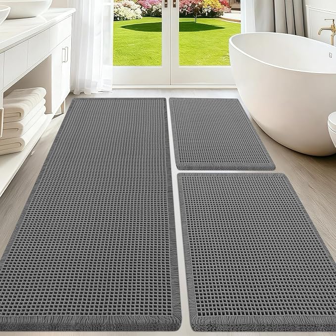 Upgraded Waffle Bath Mat Set 3 Piece Grey, Super Absorbent Non-Slip Quick Dry Bathroom Rugs with Tassels, Machine Washable Ultra Soft Boho Bath Rugs for Floor, Toilet Mats Boho Farmhouse Decor
