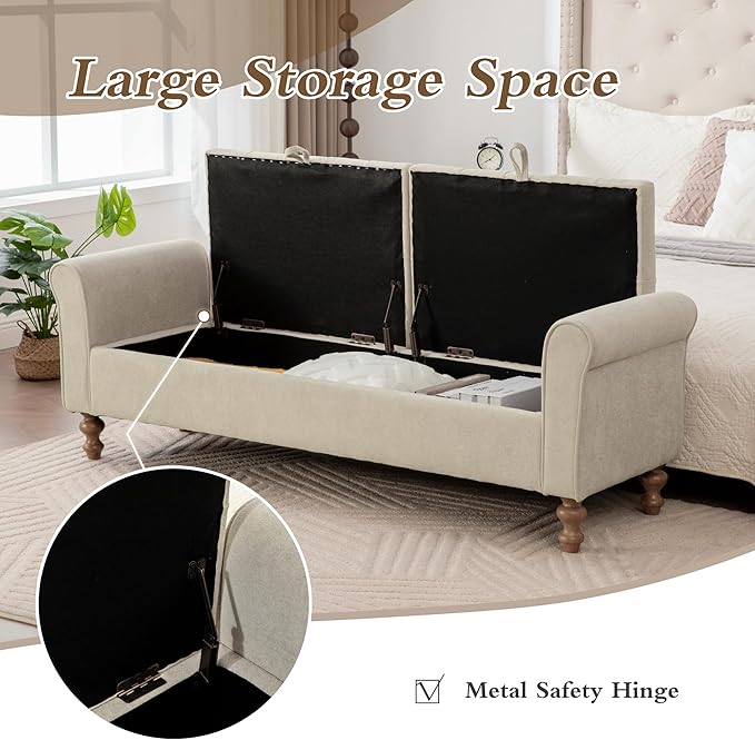 Chifee & Vingol 65" Storage Ottoman Bench Upholstered End of Bed Bench Modern Entryway Benches Double Openings Window Benches for Bedroom Living Room Entryway,Griege