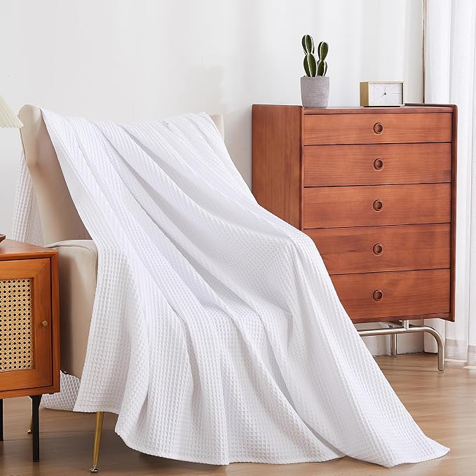 100% Egyptian Cotton Waffle Weave Throw Blanket for Bed Couch Sofa Home Decor, Soft Lightweight Bed & Couch Blanket for All Seasons (White - Throw Size - 50 * 60")