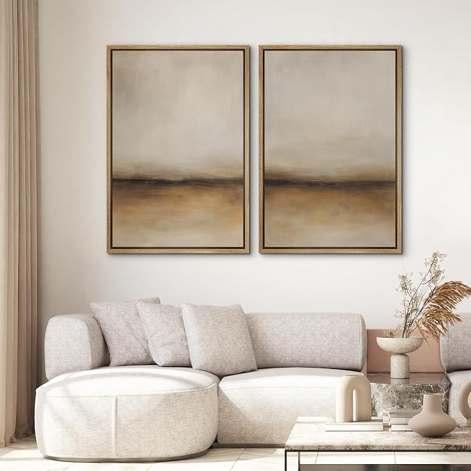 SIGNWIN Framed Canvas Print Wall Art Warm Horizon Abstract Minimalist Neutral Beige and Brown Landscape Illustrations Modern Art Minimal Calm for Living Room, Bedroom, Office - 16"x24"x2 Natural