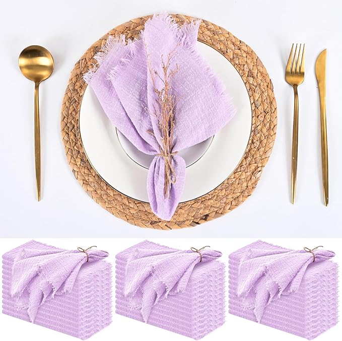 36 Pack Lavender Cloth Napkins with Fringe,16 x 16 Inch Cotton Linen Napkin, Washable and Reusable Handmade Napkins, Soft Rustic Boho Fringe Cloth Napkin for Dinner, Party, Wedding