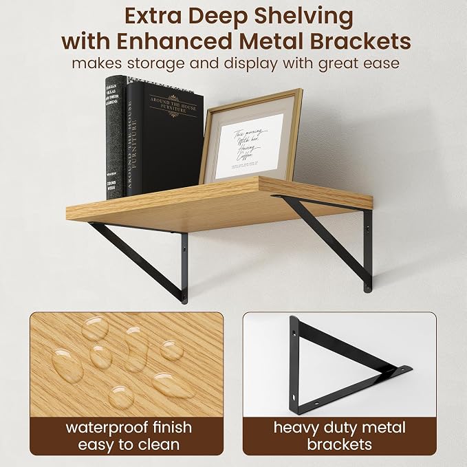 Axeman Deep Floating Shelves - 20 Inch Floating Shelves Set of 2-12 Inch Deep Oak Wall Shelves for Living Room Bathroom Kitchen