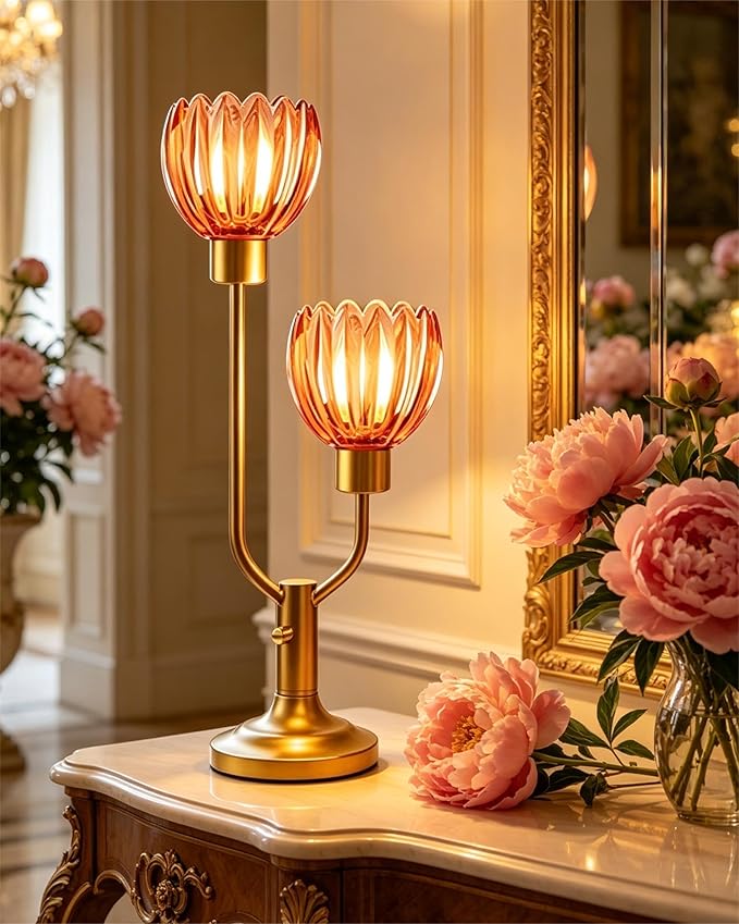 Lightdot Mid Century Modern Glass Table Lamp Gold Dimmable Desk Lamps with Red Glass Flower Shades 3000K Warmwhite 2 Bulbs Included Bedside Nightstand Ambiance Lamp for Living Room Bedroom