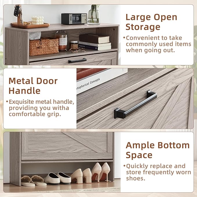 RWYHG Shoe Cabinet Storage for Entryway with 2 Flip Drawers Open Storage Layer Rack Narrow Organizer Slim Hidden Wood Shoe Cabinet Furniture Grey