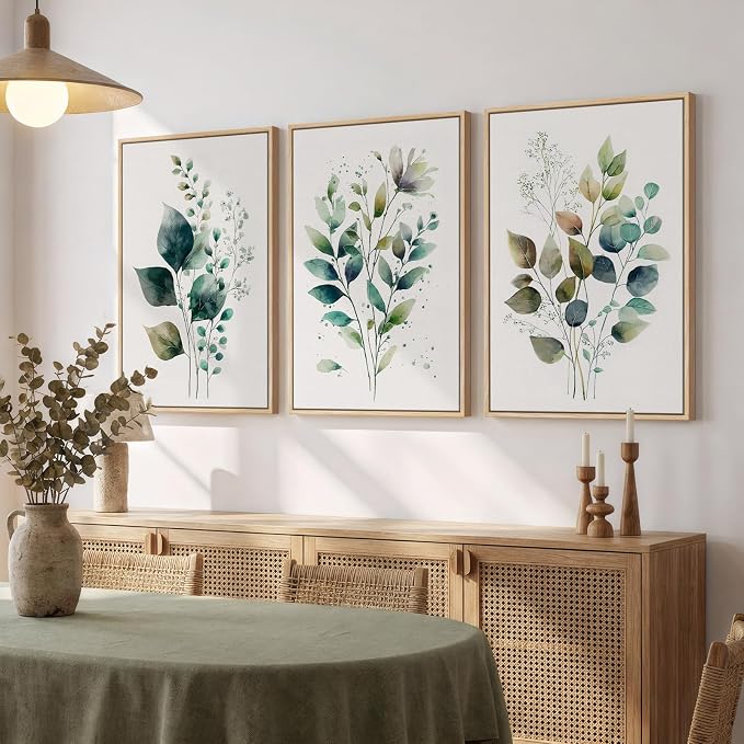 Framed Green Botanical Wall Art for Living Room, 3 Piece Neutral Minimalist Watercolor Leaf Canvas Painting Prints, Modern Farmhouse Boho Sage Green Plant Artwork for Bedroom Kitchen Wall Decor