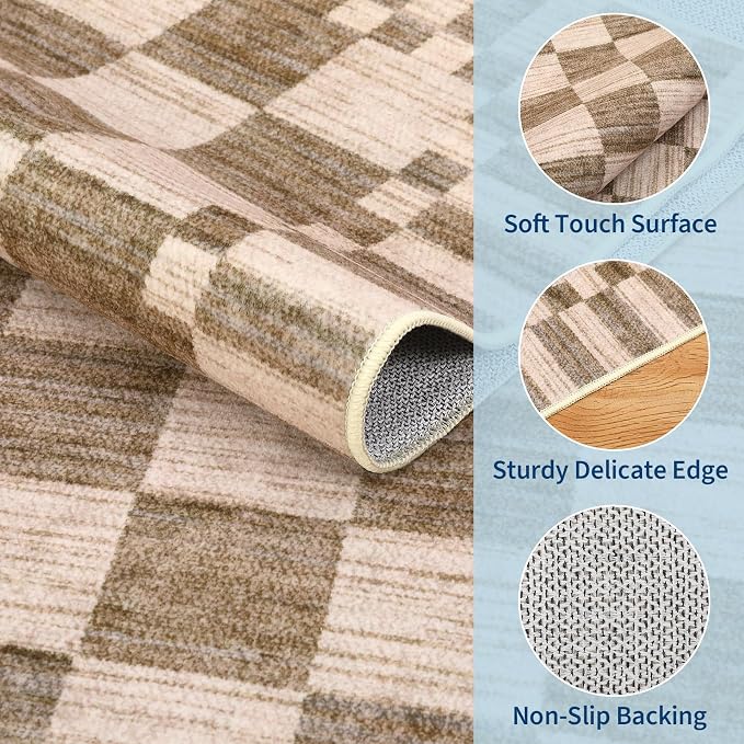 GarveeHome 2×5 Kitchen Runner Rug Non Slip,Brown Checkered Rug,Washable Runner Rug for Hallway Soft Low-Pile Geometric Checkerboard Rugs for Entryway Kitchen Dining Room