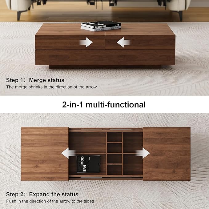 Mid-Century Modern Expandable Coffee Table (47.2"-81.8" Adjustable Centerpiece),Center Table with Large Storage for Living Room Living Rooms, Bedrooms, or Lounge Spaces,Walnut