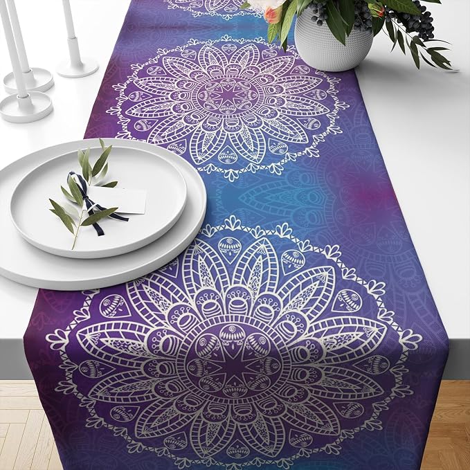 YCness Abstract Vintage Mandela Boho Table Runner, Modern Hippie Art Watercolor Purple Rainbow Colorful Dining Room Kitchen Living Room Party Holiday, 13x70 Inch
