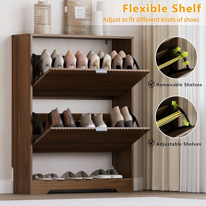 BORNOON Shoe Cabinet with 2 Flip Drawers, Fluted Shoe Storage Cabinet with Adjustable Shelves, Freestanding Rack and Organizer for Entryway, Closet, Hallway