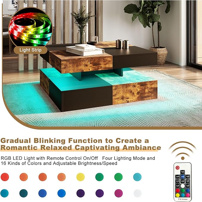 HedoAjim LED Coffee Table for Living Room, Living Room Table 2-Tier Square Middle Center, Modern Coffee Tables with Storage, Contemporary Wood Tea Table for Dining Reception, Rustic Brown