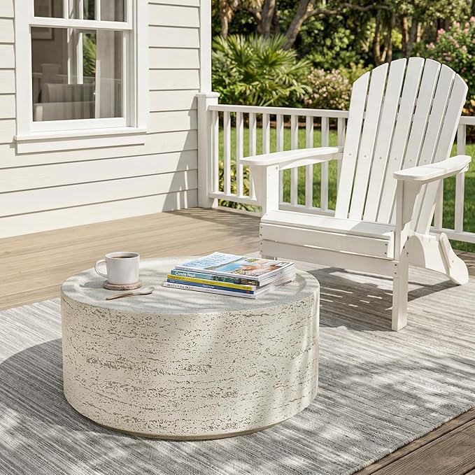 UPHA 28" Round Outdoor Coffee Table, Modern Hollow Concrete Patio Table, Small Minimalist Low Accent Table for Living Room, Balcony, Deck, Backyard, Off-White