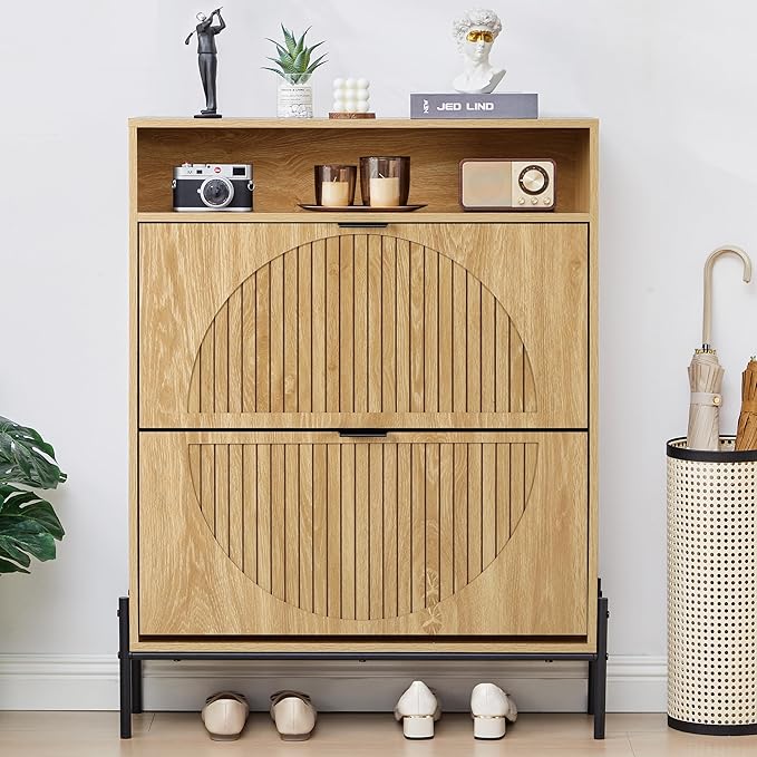 FurSch Fluted Shoe Cabinet with 2 Flip Drawers, Narrow Shoes Storage Organizer Rack with Circle Design Panel for Entryway Hallway (Natural)