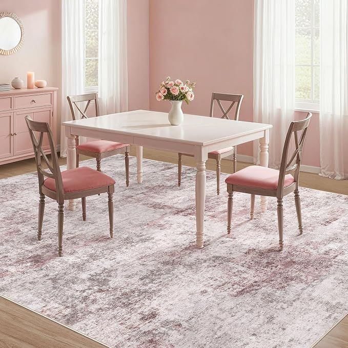 UERMEI 8x10 Washable Area Rug - Neutral Modern Abstract Living Room Rugs, Non-Slip Soft Large Indoor Floor Carpet for Bedroom Home Office & Under Dining Table Decor, Pink Grey