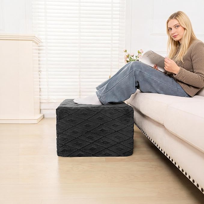 Fluffy Square Ottoman Pouf with All-in-One Foam Filling 20 x 14 Inches Furry Ottoman Foot Rest Foot Stool for Living Room or Bedroom (Gray)