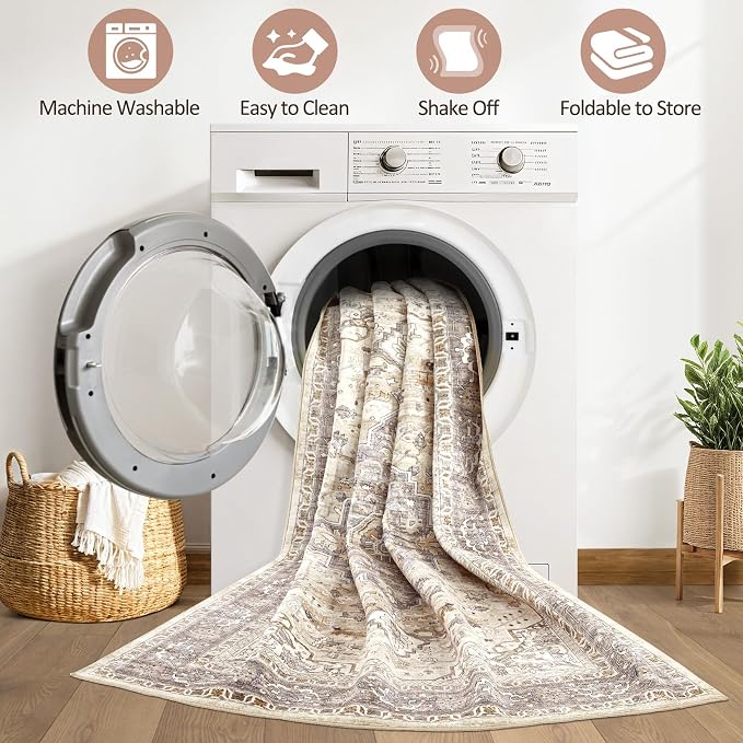 8x10 Area Rugs Living Room: Washable Boho Large Neutral Vintage Soft Rug Stain Resistant Farmhouse Non Slip Indoor Floor Carpet for Bedroom Nursery Kids Playroom Office Dining Room Home Decor- Brown