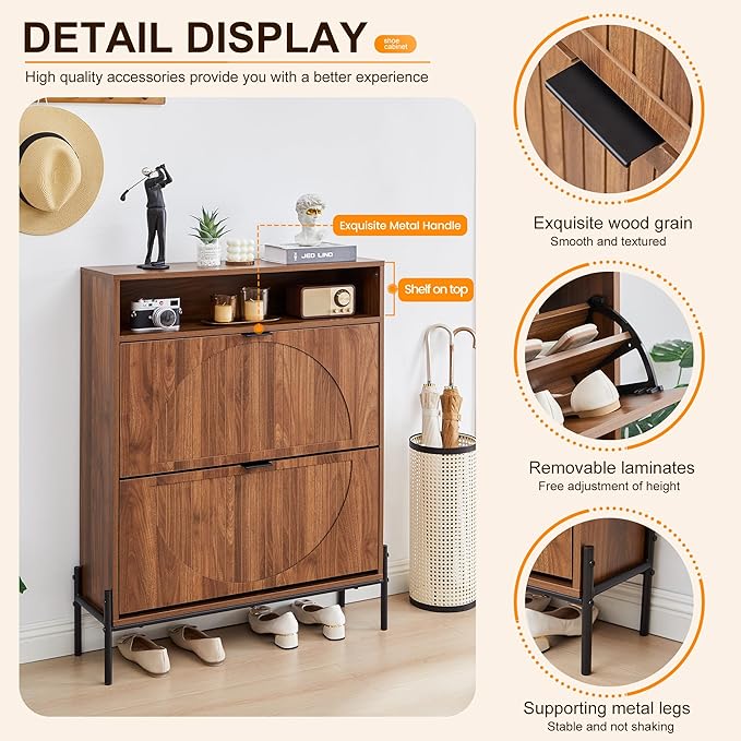 FurSch Fluted Shoe Cabinet with 2 Flip Drawers, Narrow Shoes Storage Organizer Rack with Circle Design Panel for Entryway Hallway (Walnut)