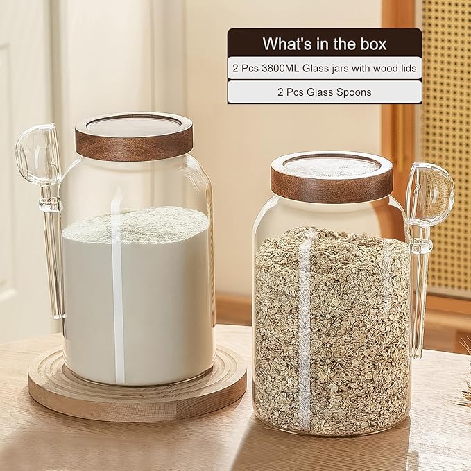 Wissy&Konny 1 Gallon Glass Jar with Lid 2Pack, Borosilicate Large Glass Flour Sugar Storage Containers for Tea,Cereal, Egg and More,Leak-proof Screw Lid (2 Spoons)