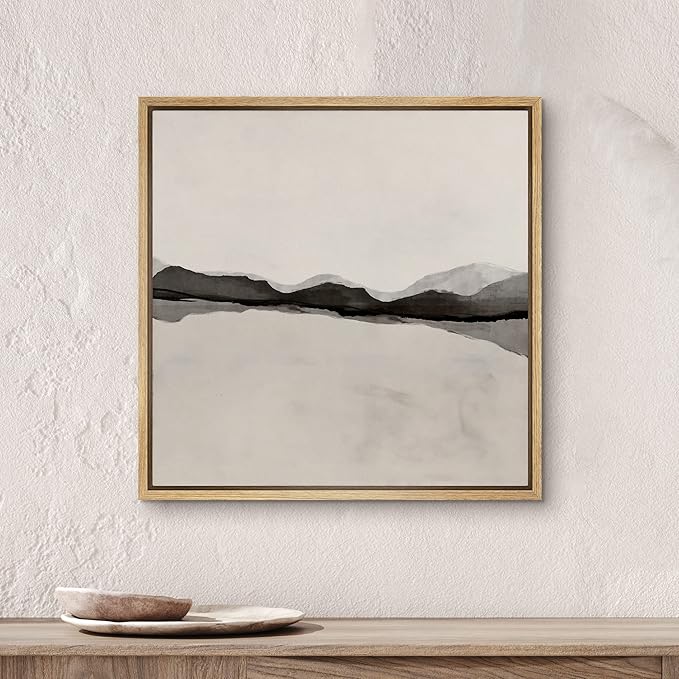 SIGNWIN Framed Canvas Print Wall Art Black Tan Pastel Grunge Wave Collage Abstract Shapes Illustration Modern Art Decorative Nordic Minimal Calm/Zen for Living Room, Bedroom, Office - 24"x24" Natural